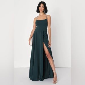 Lulu’s Dreamy Romance Forest Green Backless Maxi Dress Prom Dress